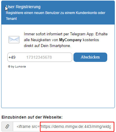 User Registration Widget - URL zum Einbinden auf einer Webseite