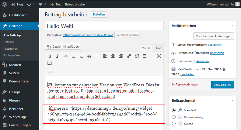 User Registration Widget - URL zur Einbindung in den Webseite