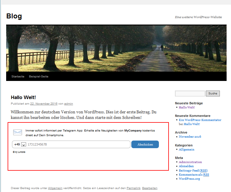 User Registration Widget - URL zur Einbindung in den Webseite