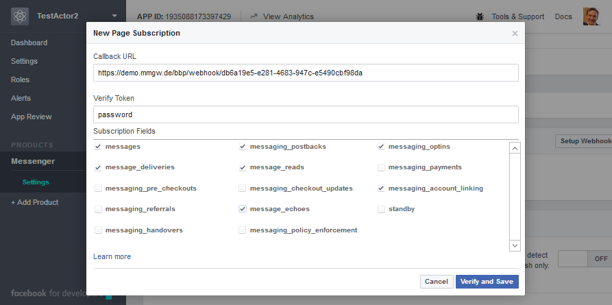 Facebook Messenger: Configure webhook