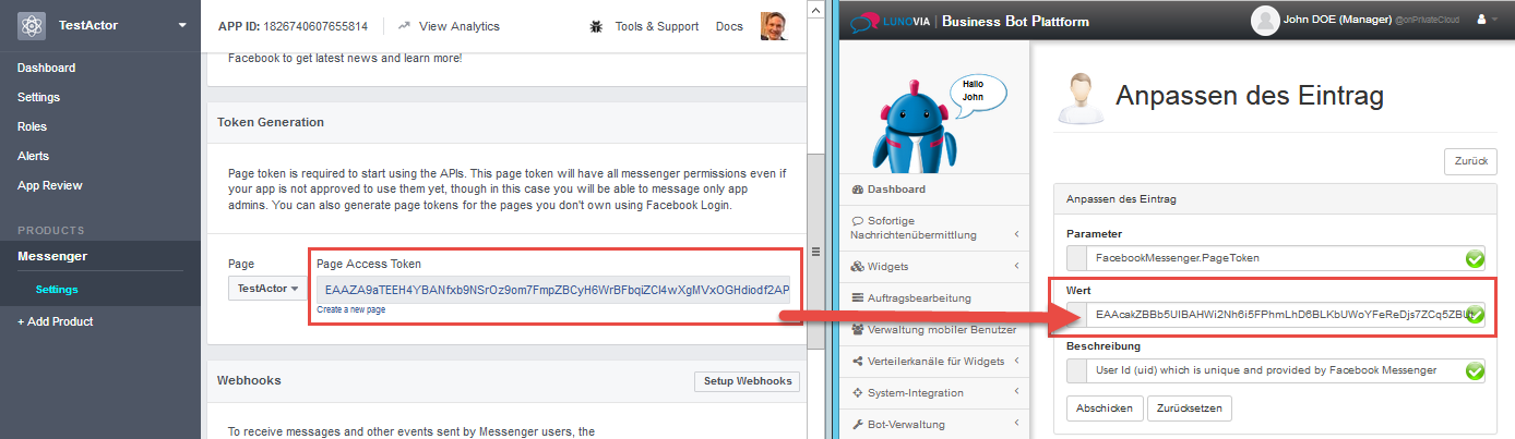 Facebook Messenger: Copy Page Access Token from Facebook to the Business Bot Platform