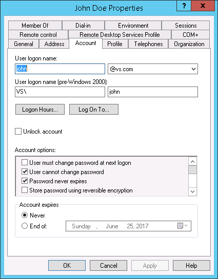 Active Directory Users and Computers - Tab: Account