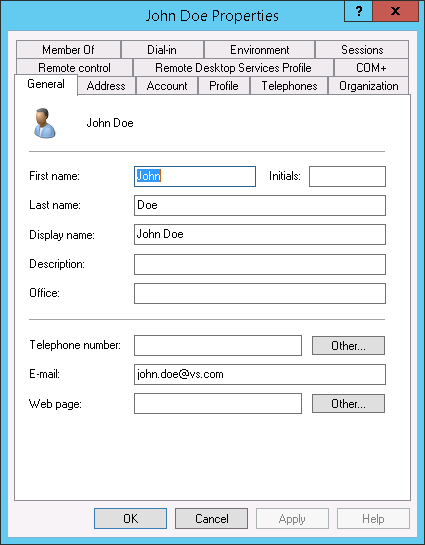 Active Directory Users and Computers - Tab: General