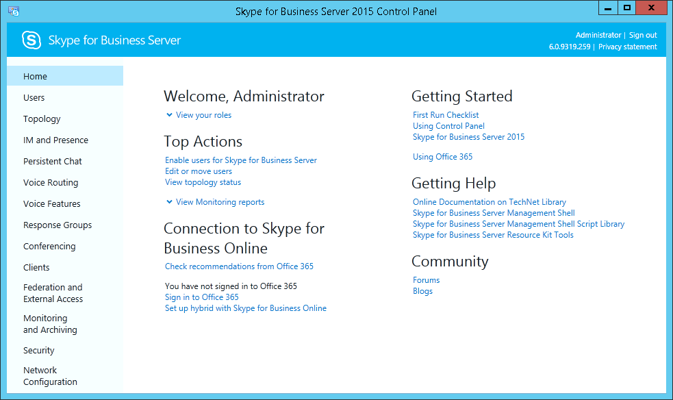Skype for Business Control Panel - Home