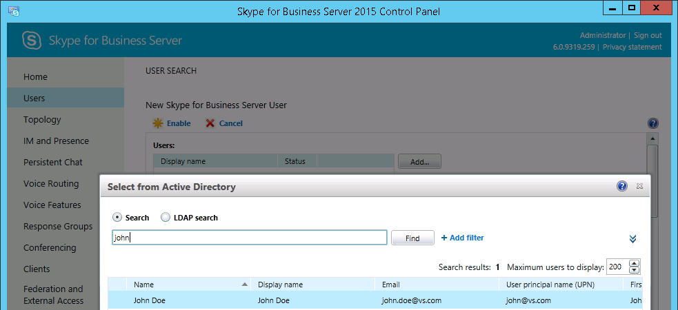 Skype for Business Control Panel - Add user