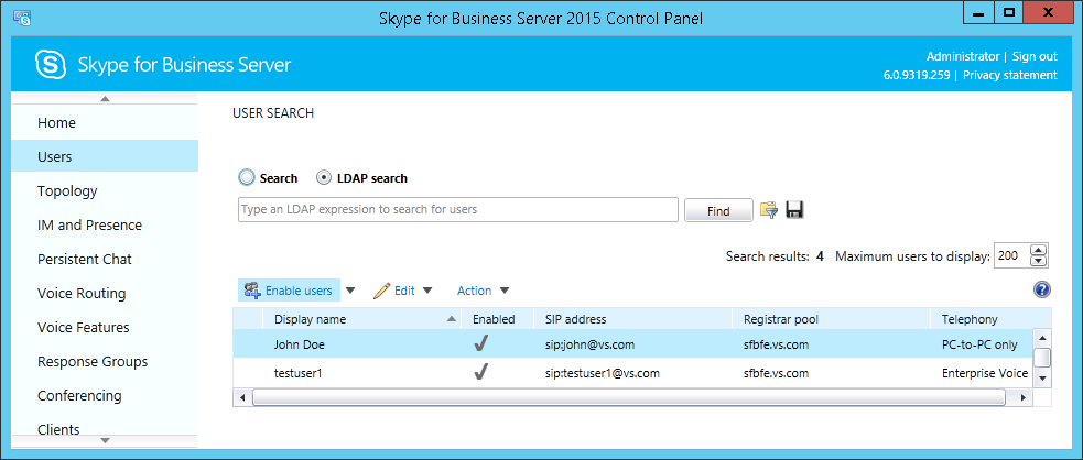 Skype for Business Control Panel - User list
