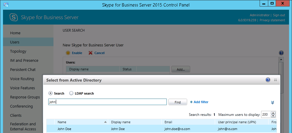 Skype for Business Control Panel - Benutzer hinzufügen