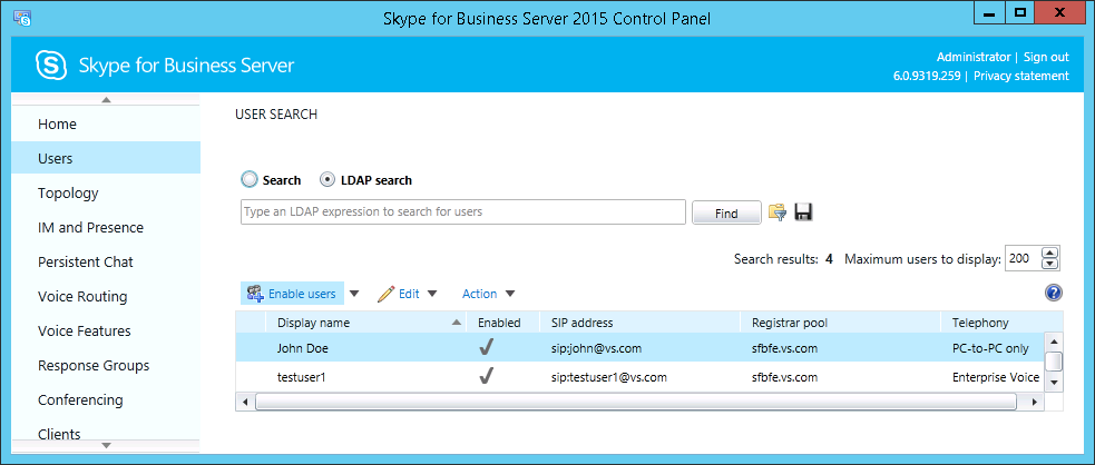 Skype for Business Control Panel - Benutzerliste