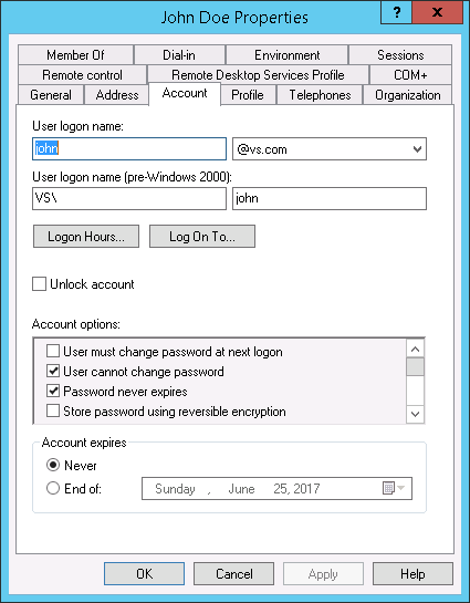 Active Directory Users and Computers - Registerkarte Account